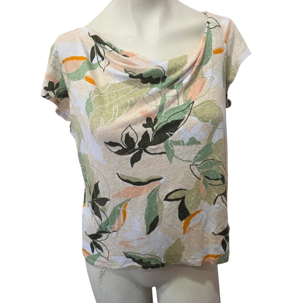 Nicole Miller New York 100% Linen Floral Print Cowl Neck Top Women's L Beige